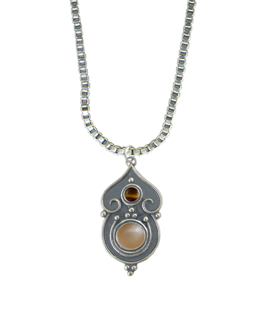 Sterling Silver Necklace Peach Moonstone And Tiger Eye